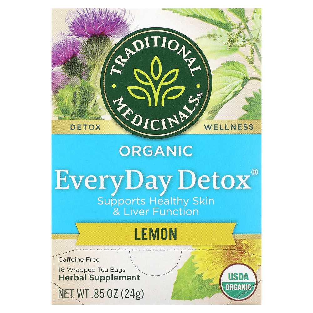 Traditional Medicinals, Organic EveryDay Detox®, со вкусом лимона, без кофеина, 16 упакованных чайных пакетиков, 24 г (0,85 унции)