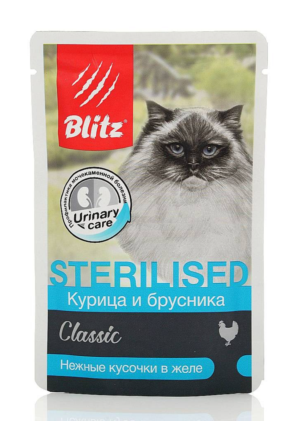 Blitz 85г пауч Classic Влажный корм для стерилизованных кошек Курица и брусника (желе)