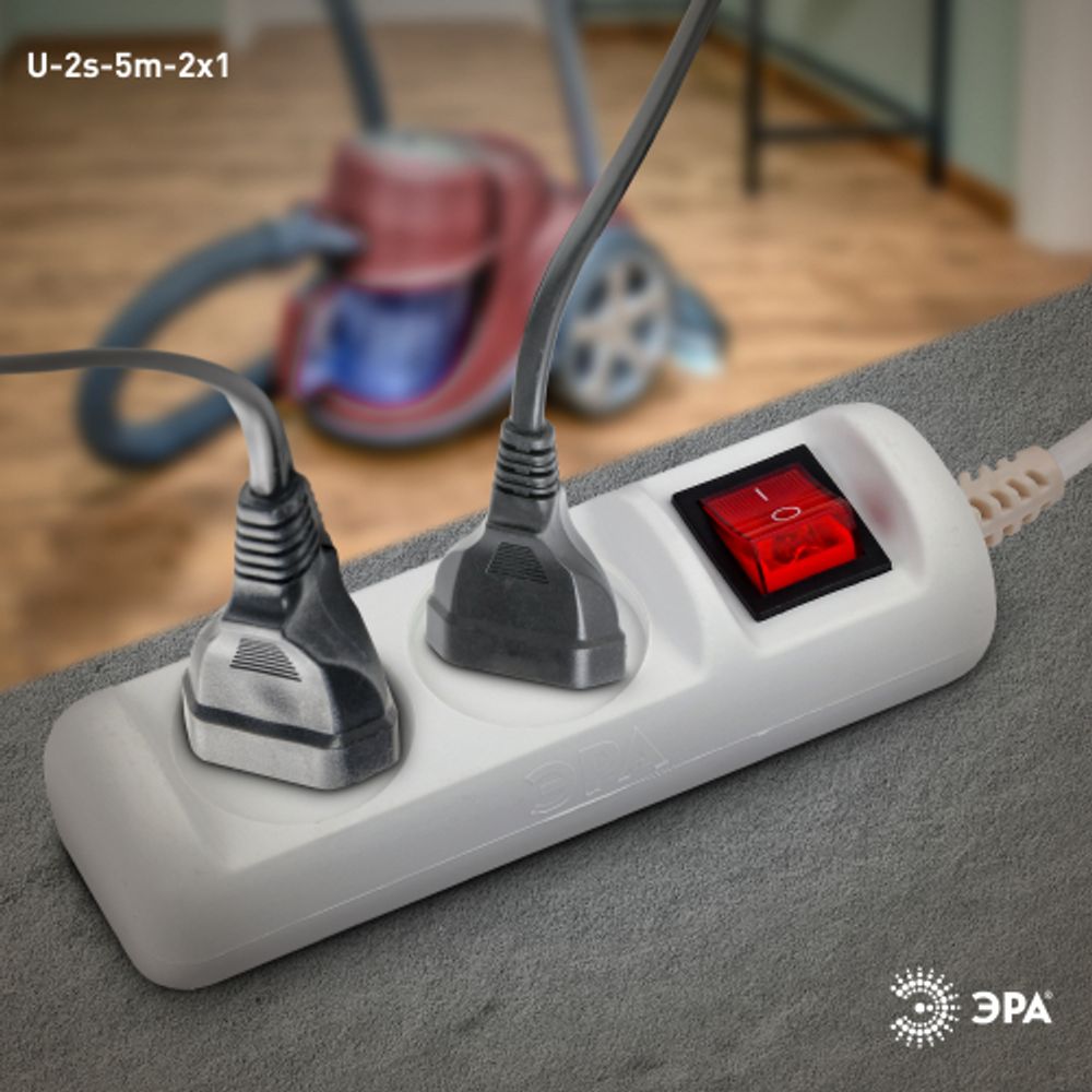 Удлинитель электрический ЭРА U-2s-5m-2x1 без заземления c выключателем 2 розетки 5м ПВС 2x1мм2 10А | Бытовые удлинители