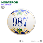Номер на дверь квартиры 987, для кабинета, офиса, в средиземноморском стиле, шильдик 10 х 7,5 см, белый, Айдентика Технолоджи
