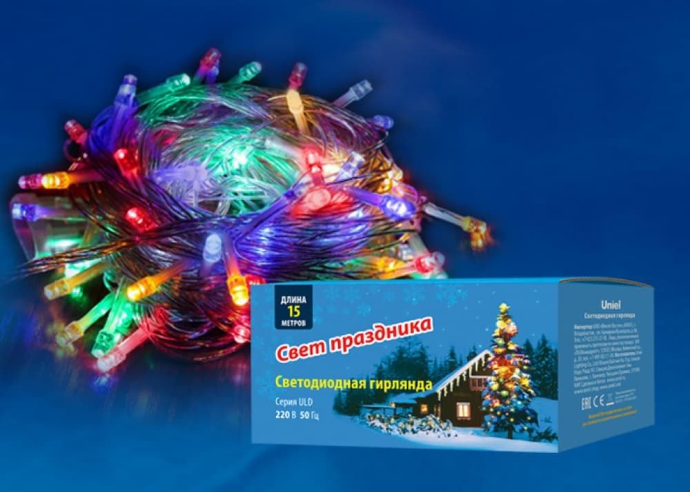 ULD-S1500-100/DTA MULTI IP20 Гирлянда светодиодная с контроллером, 15м. 100 светодиодов. Разноцветный свет. Провод прозрачный. ТМ Uniel