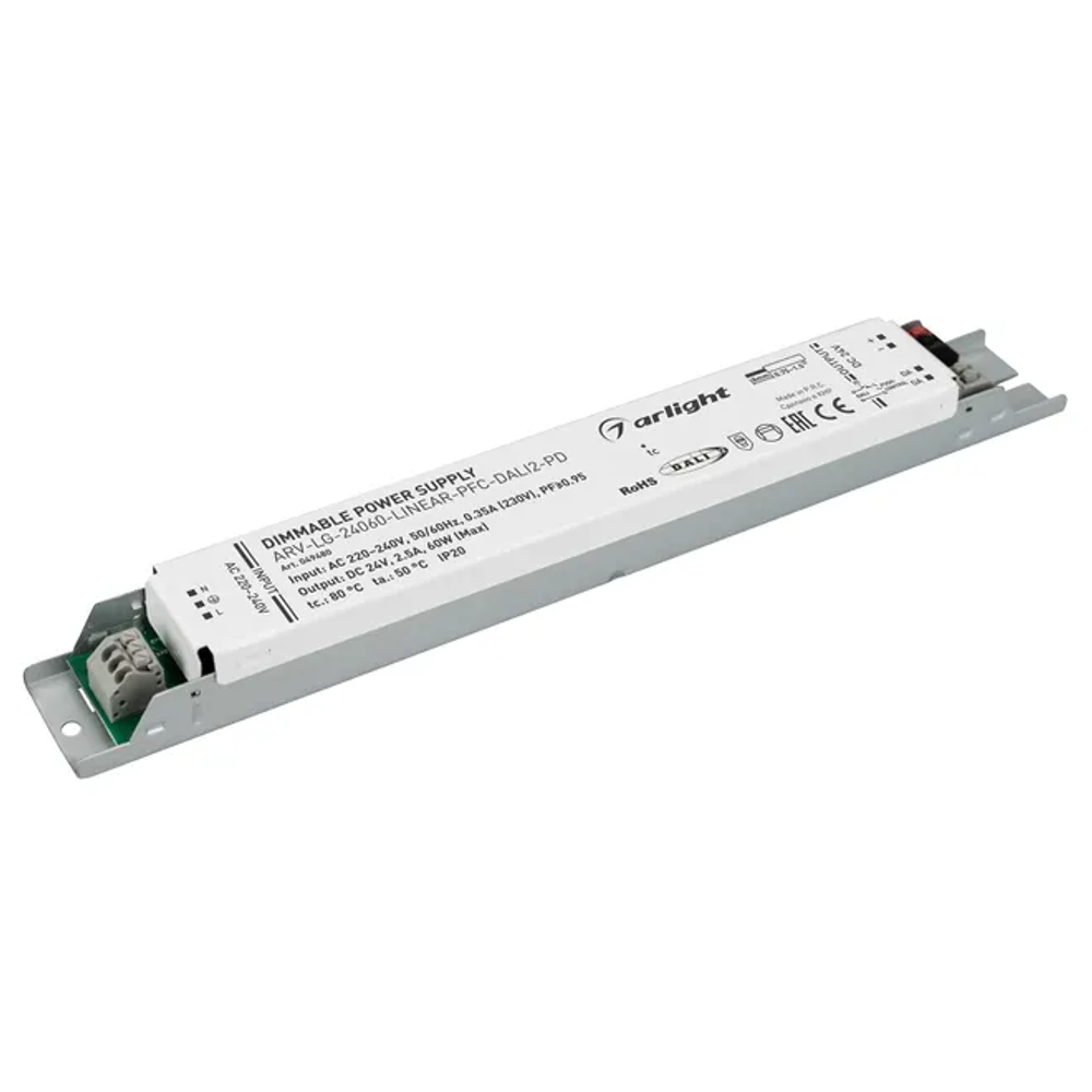 Блок питания ARV-LG-24060-LINEAR-PFC-DALI2-PD (24V, 2.5A, 60W) (Arlight, IP20 Металл, 5 лет) 049480