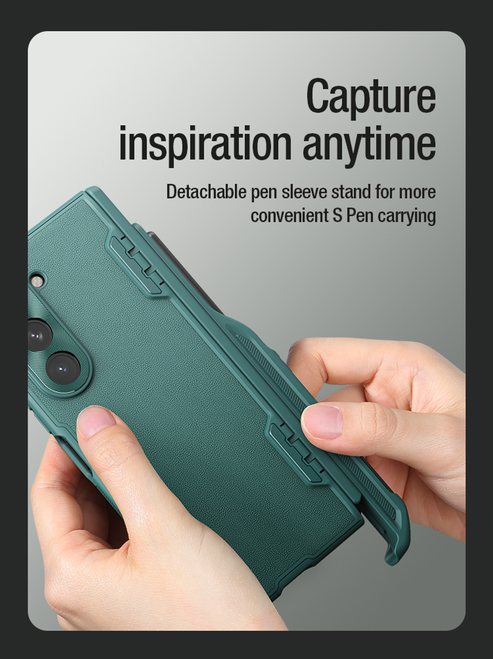 Чехол зеленого цвета от Nillkin с вставки из кожи на Samsung Galaxy Z Fold 5, серия CamShield Fold Leather, в комплекте со съемным держателем для S Pen