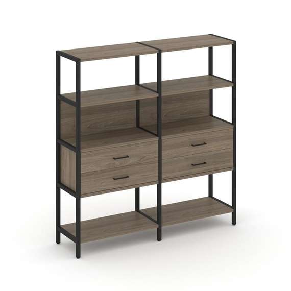 Shelf System Двухсекционный стеллаж четырехярусный с ящиками SN.STM-422 Вяз Благородный/Металл Черны