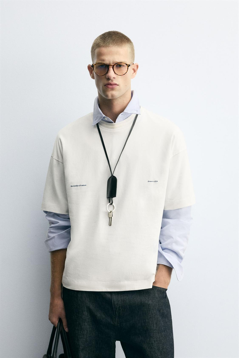 ZARA ФУТБОЛКА С КОМБИНИРОВАННЫМ ПРИНТОМ, БЕЛЫЙ