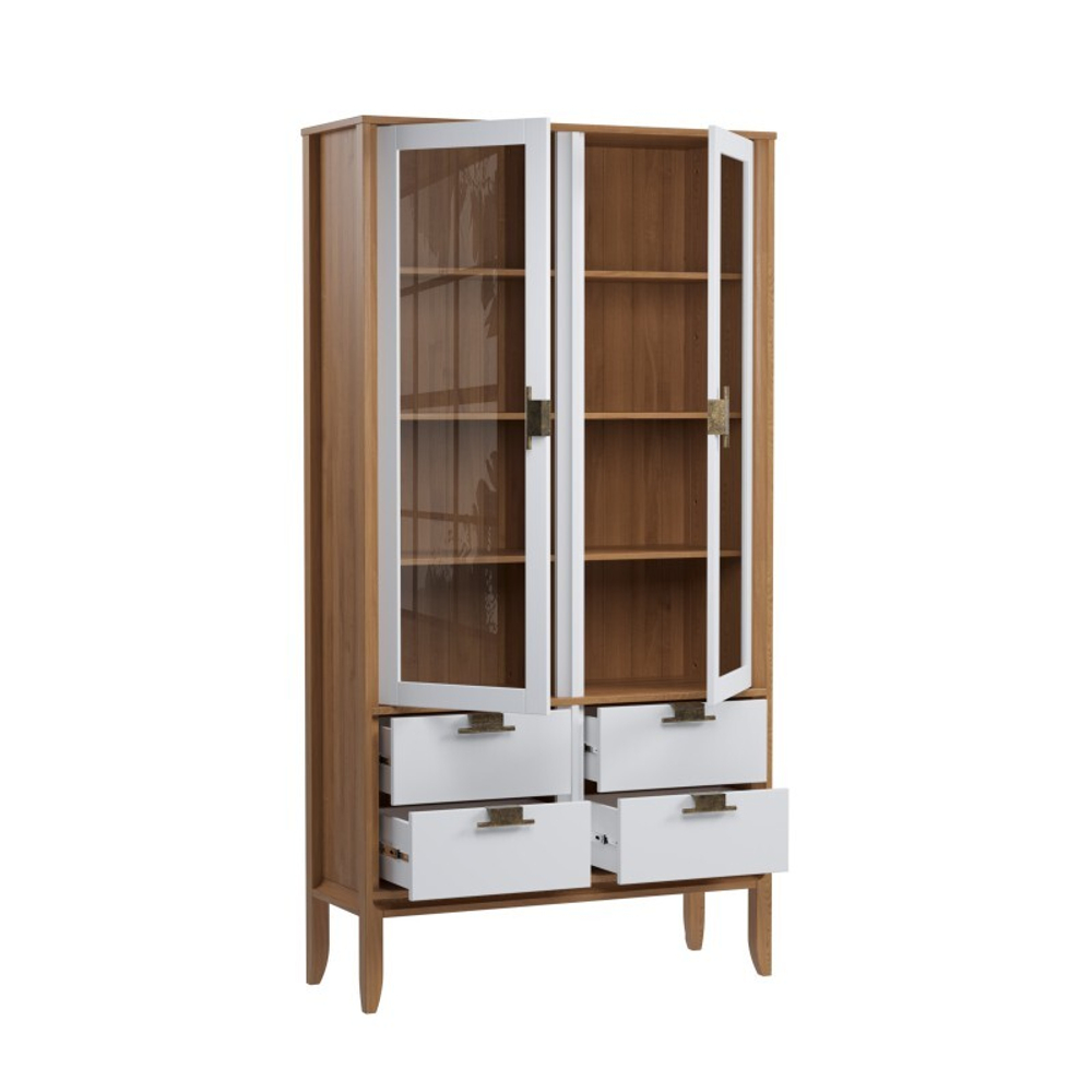 Шкаф для посуды «Бридж» широкий с 2-мя стеклянными дверями и 4-мя ящиками браун/белый лак