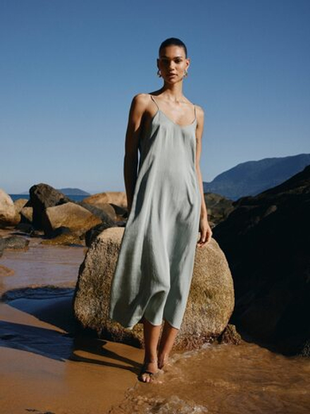 Massimo Dutti Атласное платье-комбинация на бретелях, водянисто-зеленый