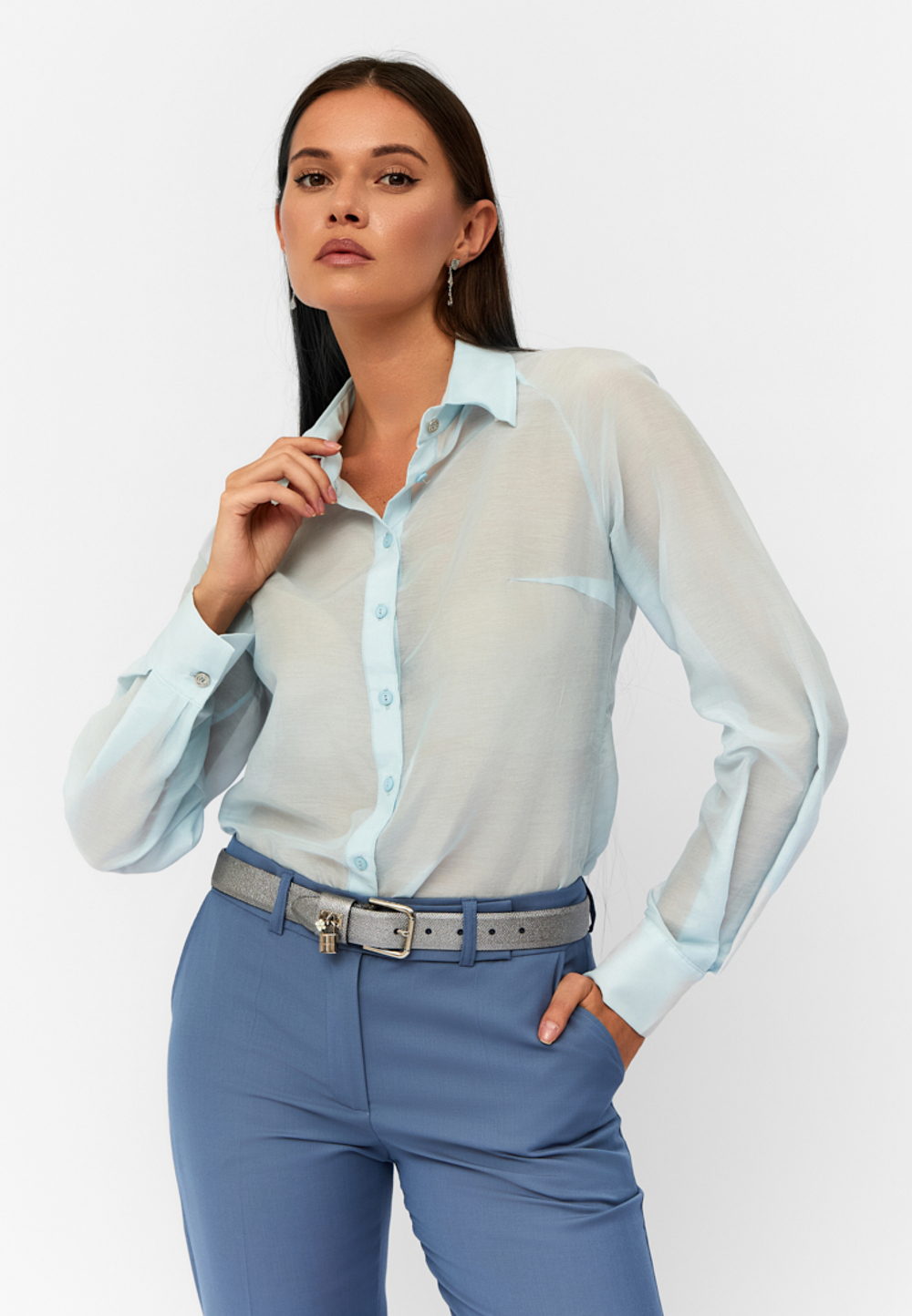 Блуза Ornella из итальянского батиста с шелком голубая