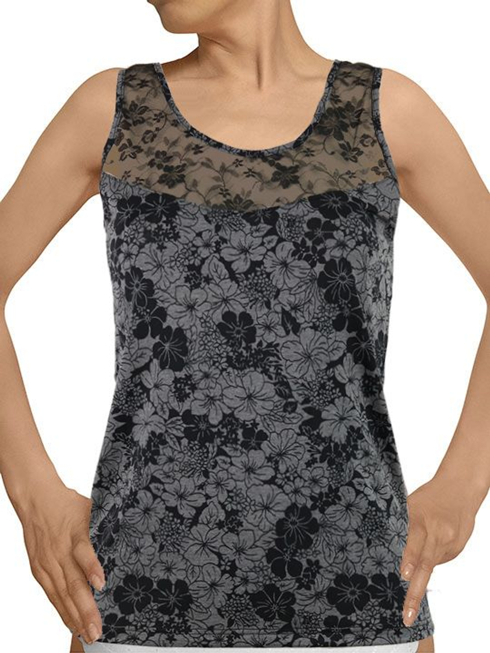 Женская майка на широких бретелях с цветочным принтом (Размер: XXL) (Цвет: бежевый)
