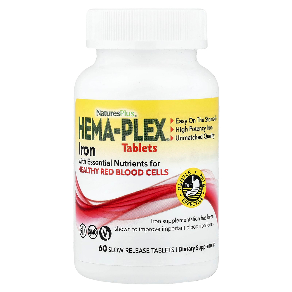 NaturesPlus, Hema-Plex®, железо с незаменимыми питательными веществами для здоровых эритроцитов, 60 таблеток медленного высвобождения