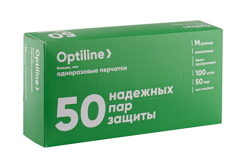 Перчатки виниловые Optiline, размер М, прозрачные, 100 штук