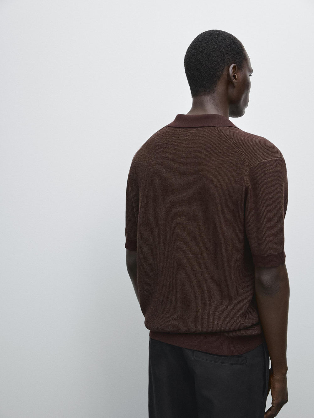 Massimo Dutti Хлопковая трикотажная футболка-поло с V-образным вырезом, бургунди