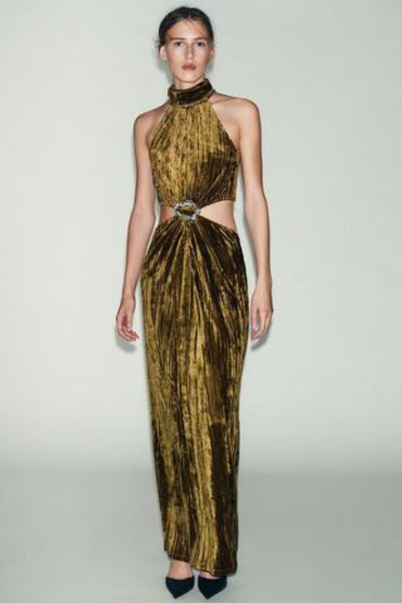 ZARA ПЛАТЬЕ МИДИ С ВЫРЕЗАМИ И СТРАЗАМИ, ОХРА