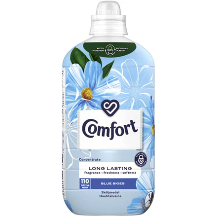 Кондиционер - ополаскиватель для белья Comfort Blue 1650 мл., имеет верхнюю ноту зеленого яблока и среднюю ноту розы и сандалового дерева, 110 стирок