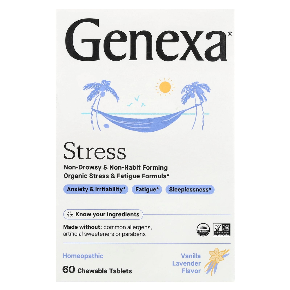 Genexa, Stress, органическая формула против стресса и усталости, ваниль и лаванда, 60 жевательных таблеток