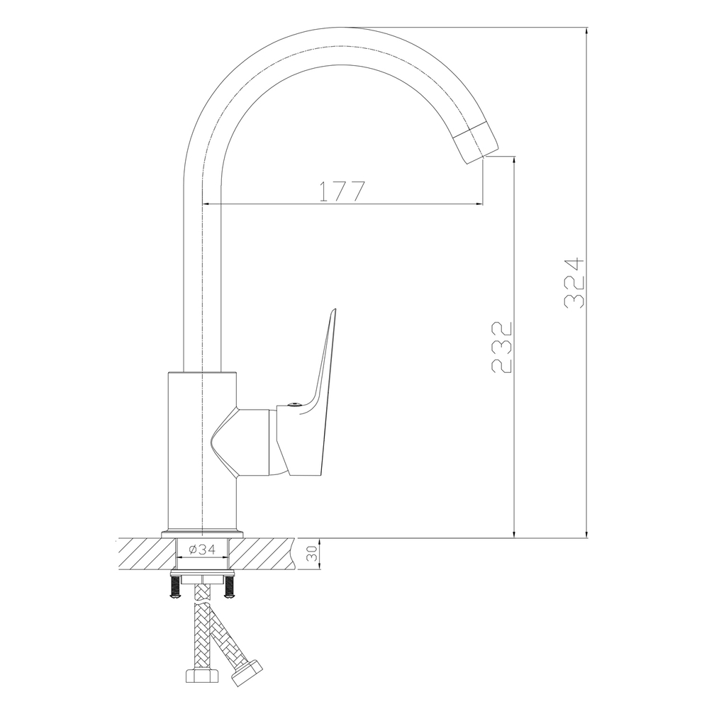 Смеситель для кухни 35k MIXLINE ML14-032 высокий излив б/отв боковая п/гайку (без подводки)