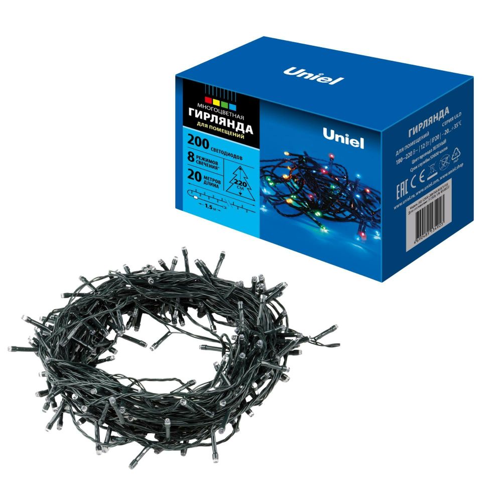 ULD-S2000-200/DGA MULTI IP20 Гирлянда светодиодная, 20м. 200 светодиодов. Разноцветный свет. Провод зеленый. ТМ Uniel