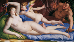Аньоло Бронзино. Venus, Cupido and Satyr, 1553 - 1554.  Cтиль: Маньеризм (Позднее Возрождение).  Жанр: мифологическая живопись. Локация: Палаццо Колонна, Italy.