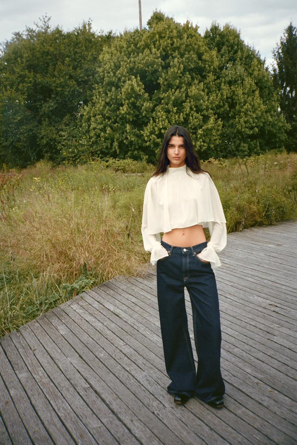 ZARA ТОП ИЗ ЖОРЖЕТА С НАКИДКОЙ, ЭКРЮ