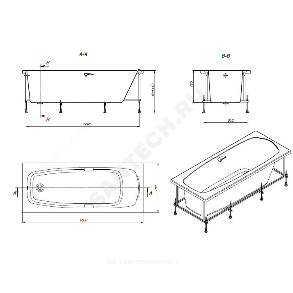 Ванна акриловая Sureste 160х70см с отверстиями для ручек без ножек Roca ZRU9302787