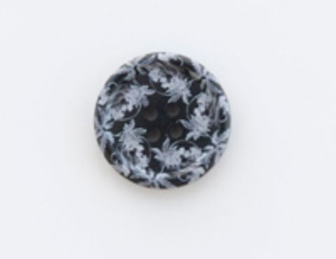 Пуговица пластиковая, круглая, чёрная с серыми узорами, 4 отверстия, 23 мм