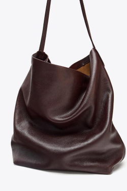 ZARA КОЖАНАЯ СУМКА-МЕШОК С ДВОЙНЫМ ОТДЕЛЕНИЕМ, БОРДОВО-КРАСНЫЙ