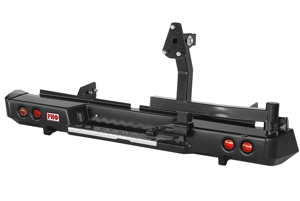 Бампер силовой задний Mitsubishi L200 2015-2019 с фонарями, калиткой, подсветкой номера, без фаркопа РИФ