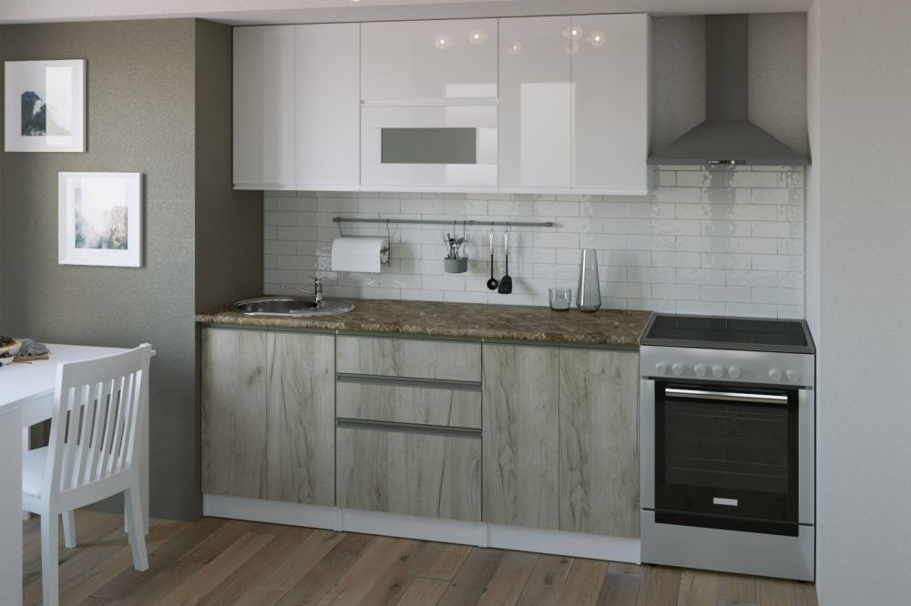 Кухонный гарнитур Антика базис 2400 мм (Белый глянец/Дуб браун, Аламбра темная)