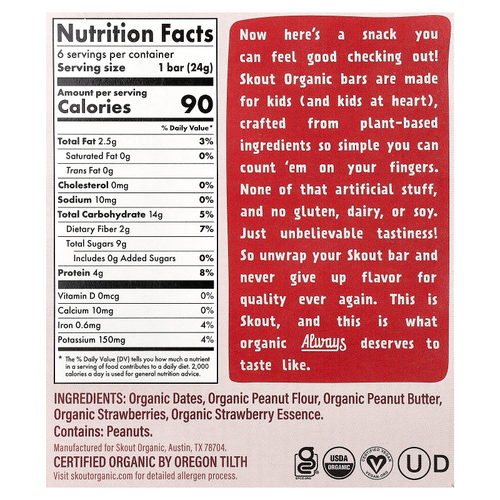 Skout Organic, детские батончики-снеки, арахисовая паста и желе, 6 батончиков по 24 г (0,85 унции)