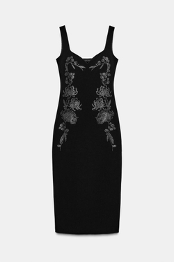 ZARA ПЛАТЬЕ МИДИ ИЗ ЭЛАСТИЧНОЙ ТКАНИ СО СТРАЗАМИ, ЧЕРНЫЙ