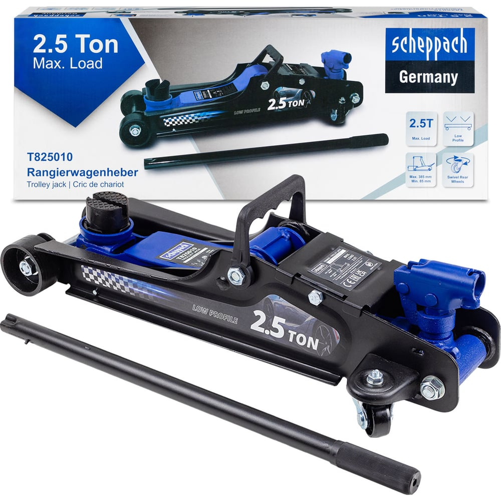 Домкрат подкатной гидравлический Scheppach низкопрофильный с резиновой накладкой 2.5т h min 85мм,h max 385 Sch-T825010(58506)