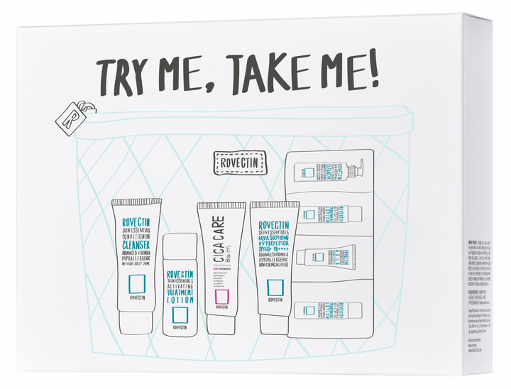 Набор для лица Rovectin 4-Step Try Me KIT в косметичке (пенка для умывания, лосьон, солнцезащитный крем, бальзам, крем)