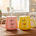 Керамическая кружка с крышкой и ложкой, 9,8*8 см, розовый/желтый, 410 мл