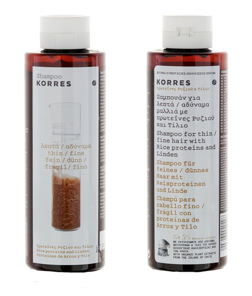 Шампунь KORRES с рисовыми протеинами и липой для тонких волос, 250 мл