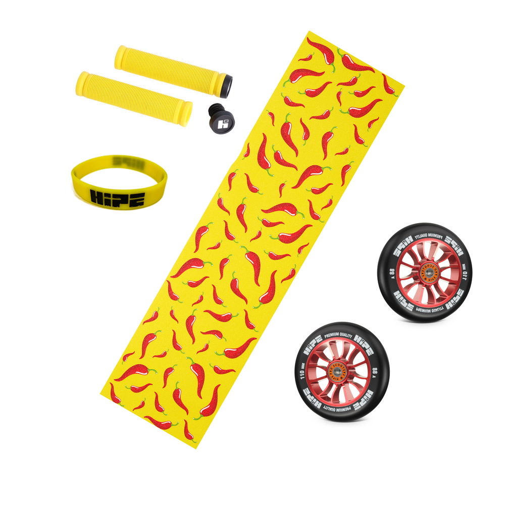 Набор запчастей для трюкового самоката (грипсы, колёса, шкурка, браслет) жёлтый