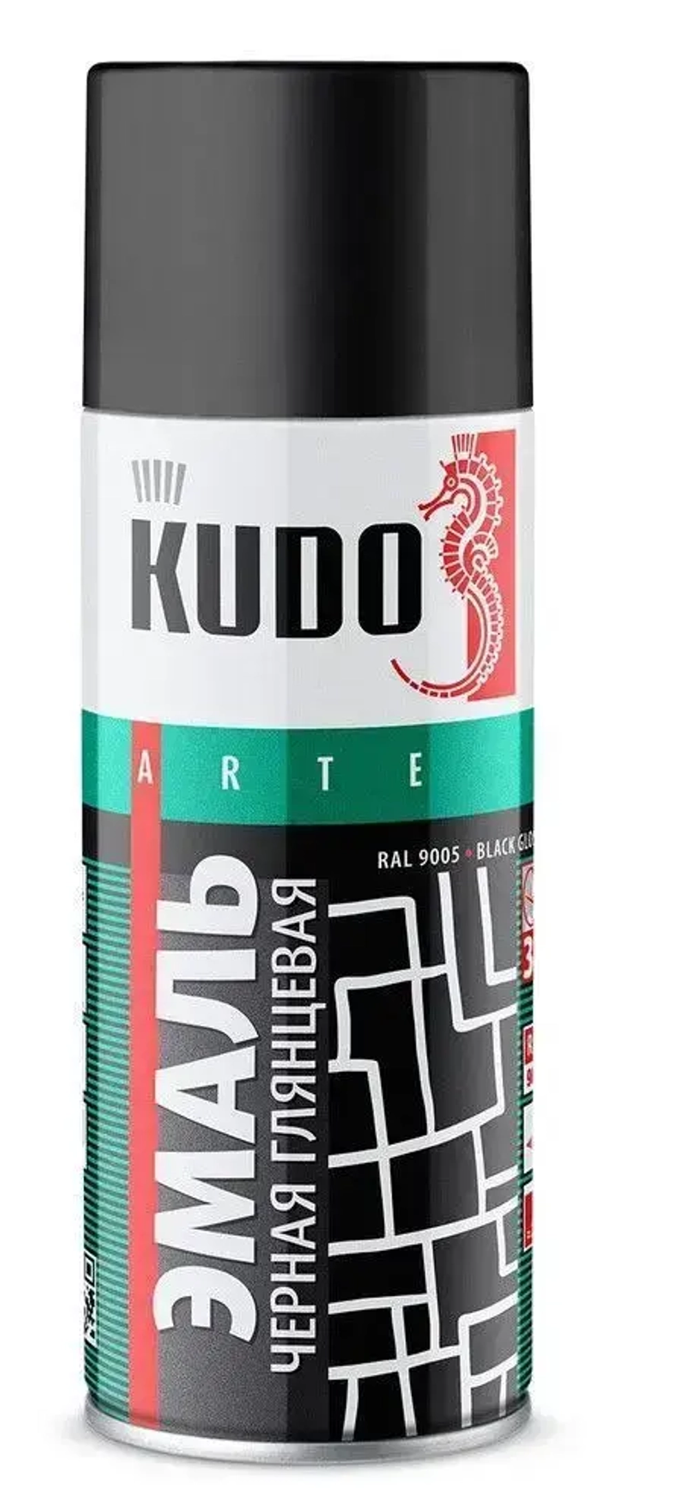 Аэрозольная краска KUDO "Эмаль универсальная высокопрочная RAL в баллончике", Алкидная, Глянцевая, 0.52 л, Чёрная глянцевая RAL 9005, KU-1002