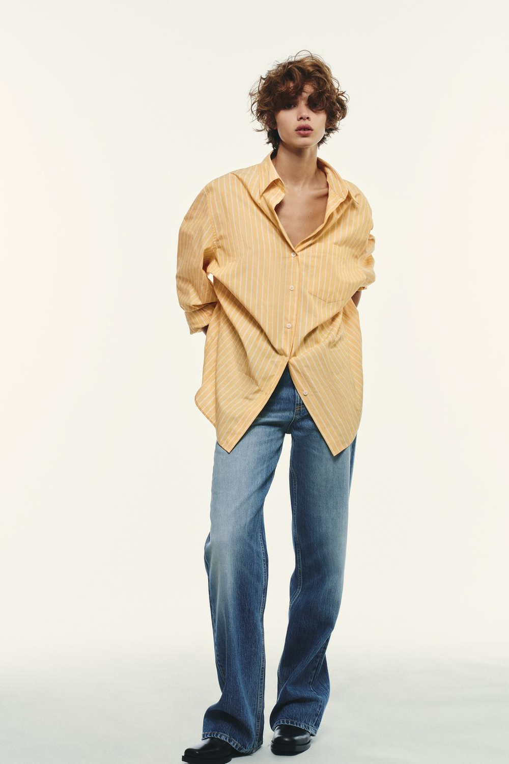 ZARA ПОПЛИНОВАЯ РУБАШКА ОВЕРСАЙЗ В ПОЛОСКУ, ГОРЧИЧНЫЙ