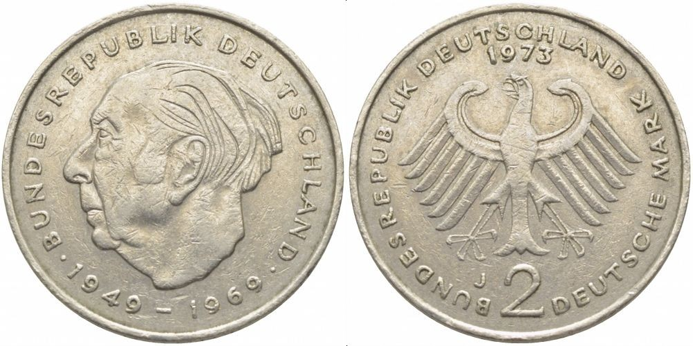 Германия 2 марки, 1970 - 1987 Теодор Хойс XF