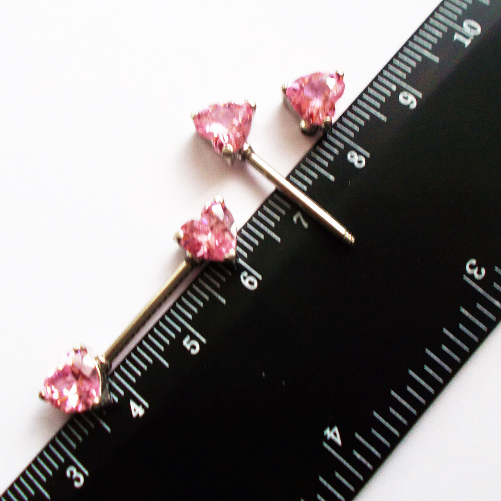 Штанга для пирсинга сосков "Сердечки" с розовыми кристаллами циркона в виде сердец. Медицинская сталь. 1шт.