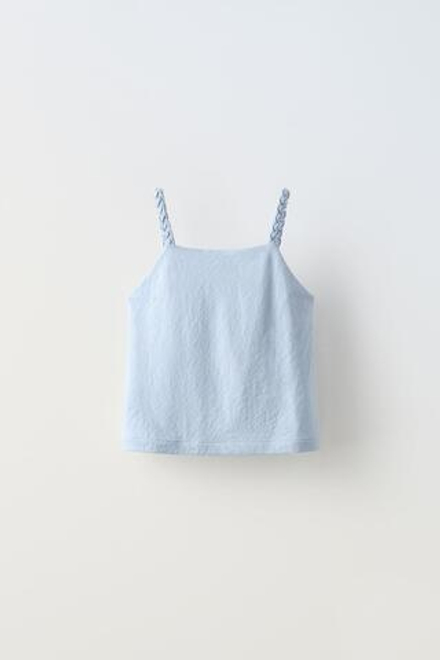 ZARA ТОП ИЗ СТРУЯЩЕЙСЯ ТКАНИ С ПЛЕТЕНЫМИ БРЕТЕЛЯМИ, СИНИЙ