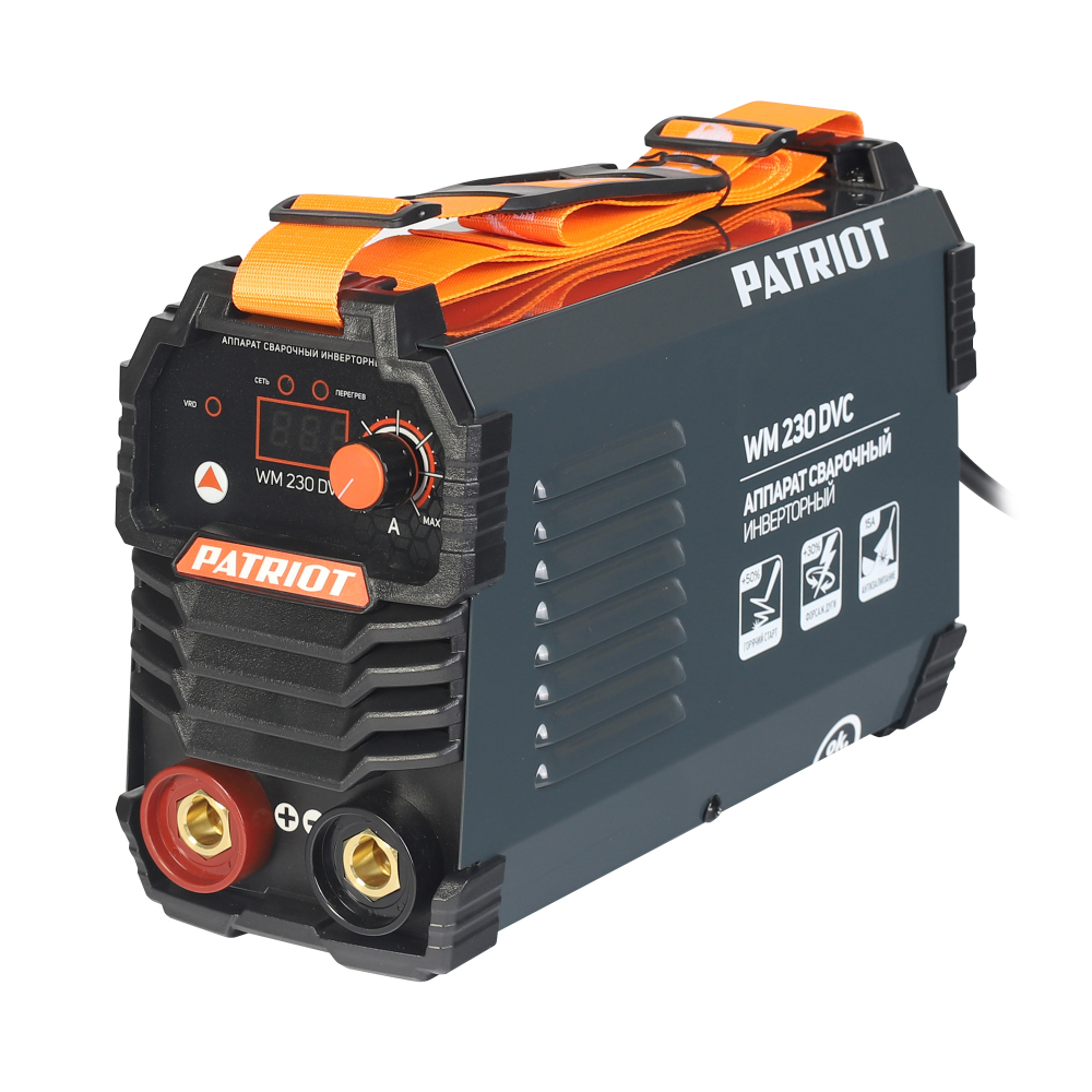 Аппарат сварочный инверторный PATRIOT WM 230 DVC MMA, входное напряжение: 1ф,140-240В;сварочный ток макс: 230A; ПВ при макс. токе: 70%, дисплей,кейс, ARC FORCE, ANTI STICK,HOT START, VRD, Электроды Patriot ЭР-46, 3мм, 1 кг