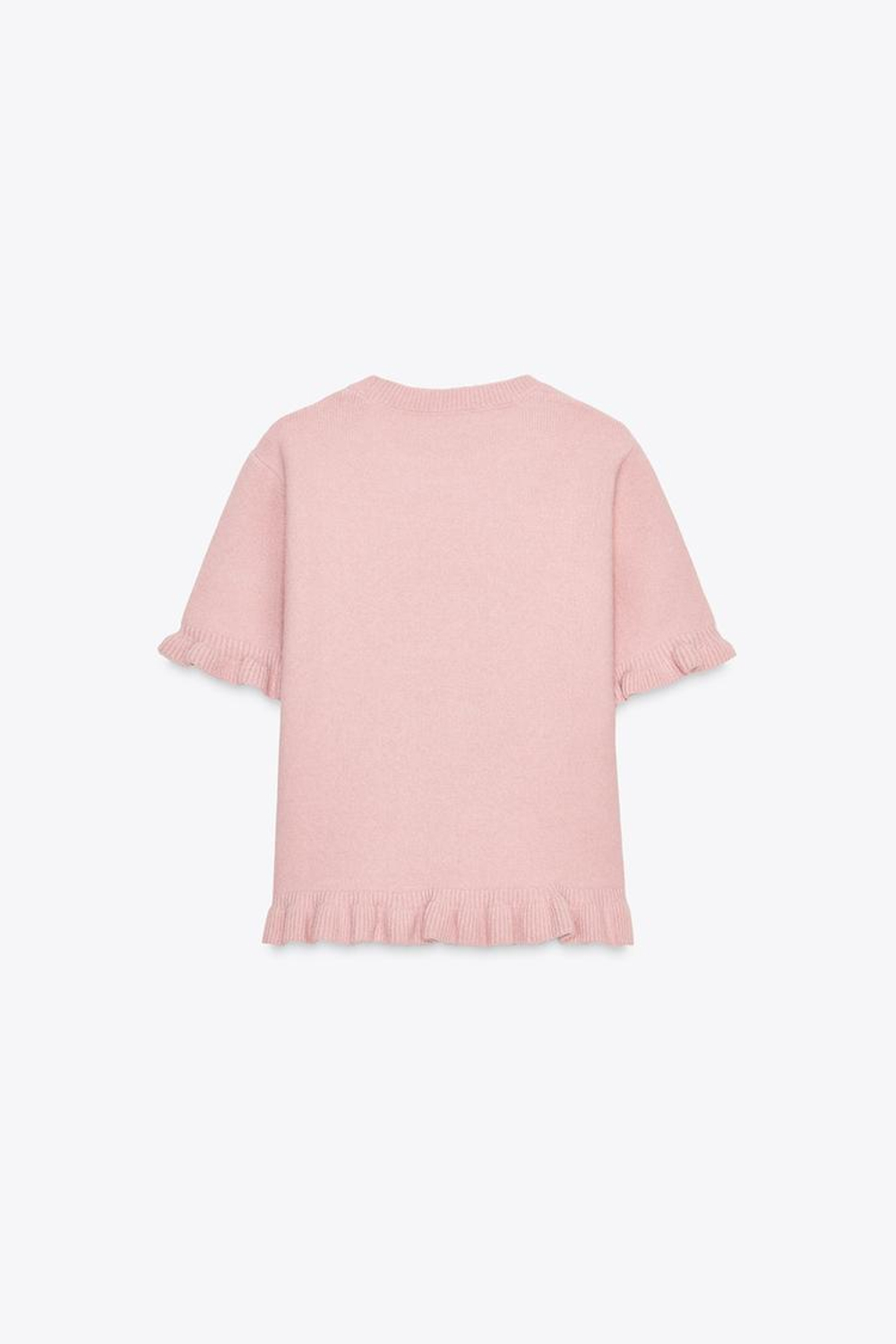 ZARA ТРИКОТАЖНЫЙ ДЖЕМПЕР С КОРОТКИМИ РУКАВАМИ И РЮШАМИ, ПАСТЕЛЬНО-РОЗОВЫЙ