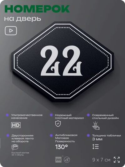 Номерок на дверь квартиры 22, для кабинета, офиса, шильдик 9 х 7 см, черный, Айдентика Технолоджи