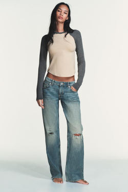 ZARA ФУТБОЛКА РЕГЛАН С КОНТРАСТНЫМИ ДЕТАЛЯМИ, СЕРЫЙ