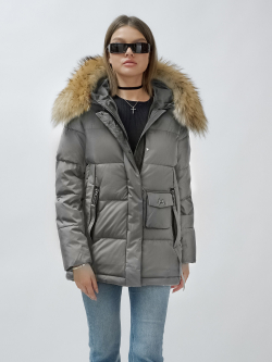 Куртка женская зимняя с мехом енот премиум класса серого цвета 3215Sr