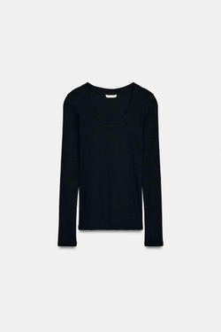 ZARA ФУТБОЛКА В РУБЧИК С ДЛИННЫМИ РУКАВАМИ, УГОЛЬНЫЙ