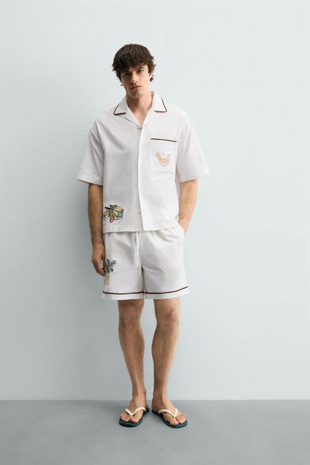 ZARA ШОРТЫ RELAXED FIT С КОНТРАСТНОЙ ВЫШИВКОЙ, ЭКРЮ
