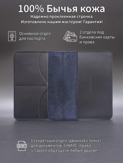 Обложка из кожи для паспорта с волком темно синяя