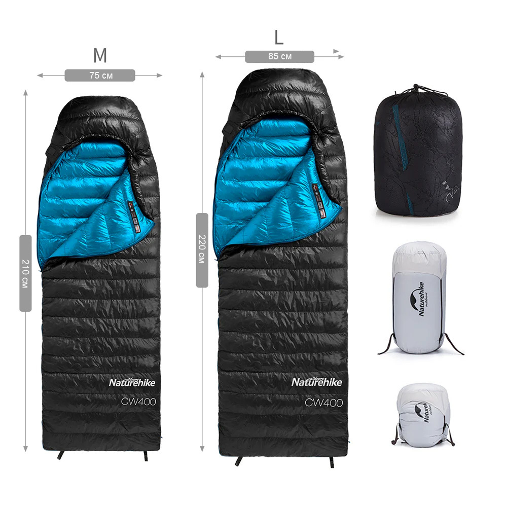 Спальный мешок Naturehike CW400 NH18C400-D с утиным пухом, размер M, артикул NH18C400-D, цвет Черный