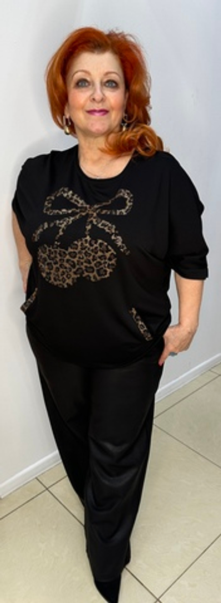 Черный блузон со стразово-леопардовым принтом